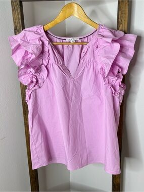 THML Lavender-Pink Ruffle Sleeve V-Neck Blouse Size M
